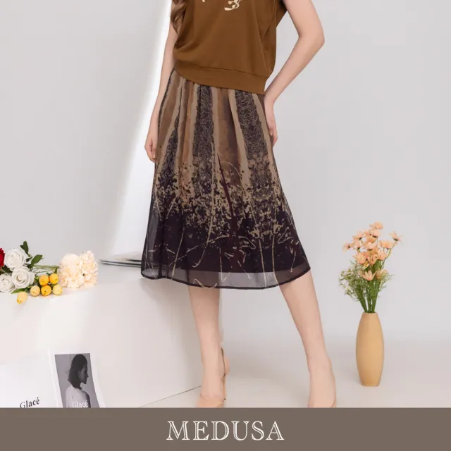 【MEDUSA 曼度莎】現貨-台灣製 深棕暈染印花雪紡鬆緊腰中長裙（M-XL）｜雪紡裙 長裙穿搭 度假穿搭