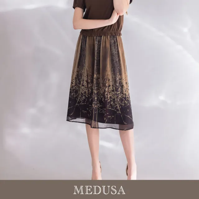 【MEDUSA 曼度莎】現貨-台灣製 深棕暈染印花雪紡鬆緊腰中長裙（M-XL）｜雪紡裙 長裙穿搭 度假穿搭