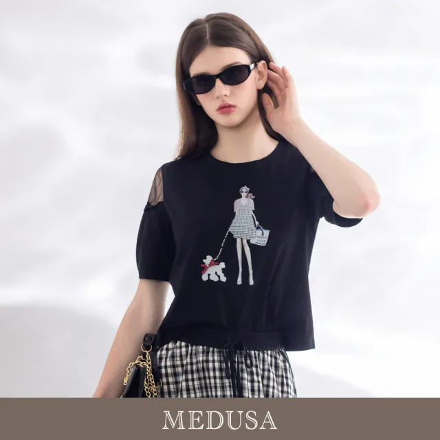 【MEDUSA 曼度莎】現貨-甜美網紗拼接人物純棉T恤（M-XL）｜短袖T恤 棉T 女上衣
