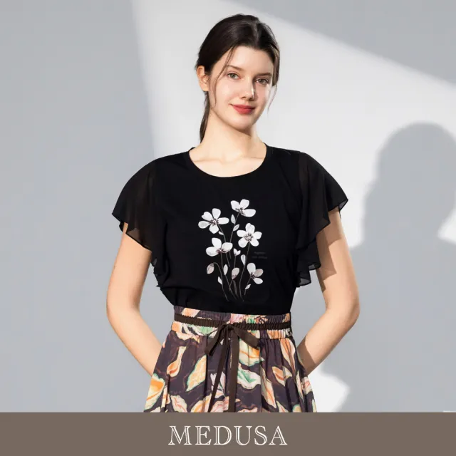 【MEDUSA 曼度莎】現貨-飄逸雪紡袖小花純棉上衣（M-XL）｜雪紡上衣 造型T恤 休閒上衣