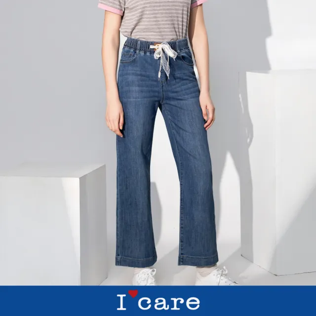 【I’Care 依卡】現貨-休閒蕾絲抽繩鬆緊腰直筒牛仔褲（M-L）｜牛仔褲 休閒褲 休閒寬褲