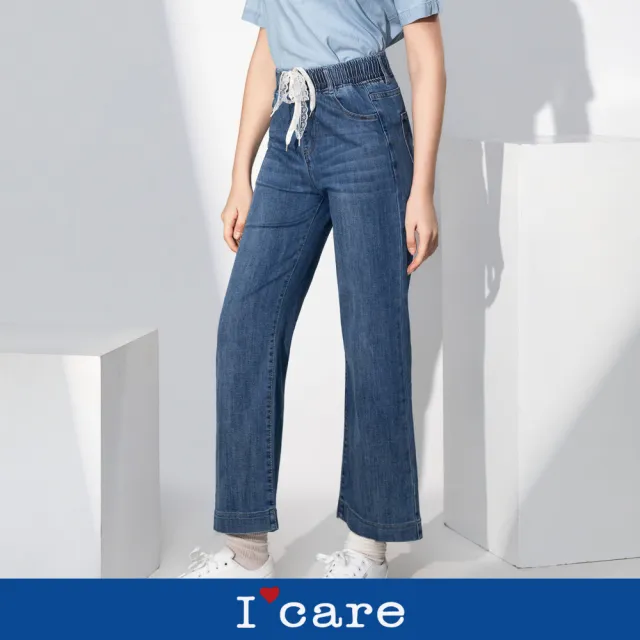 【I’Care 依卡】現貨-休閒蕾絲抽繩鬆緊腰直筒牛仔褲（M-L）｜牛仔褲 休閒褲 休閒寬褲