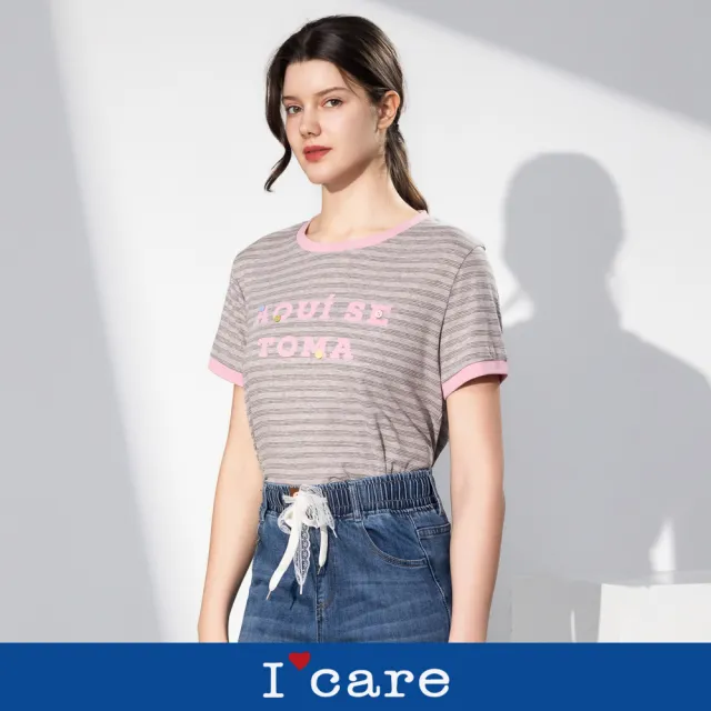 【I’Care 依卡】現貨-日系灰粉撞色字母純棉T恤（F）｜休閒上衣 短袖T恤 日系穿搭
