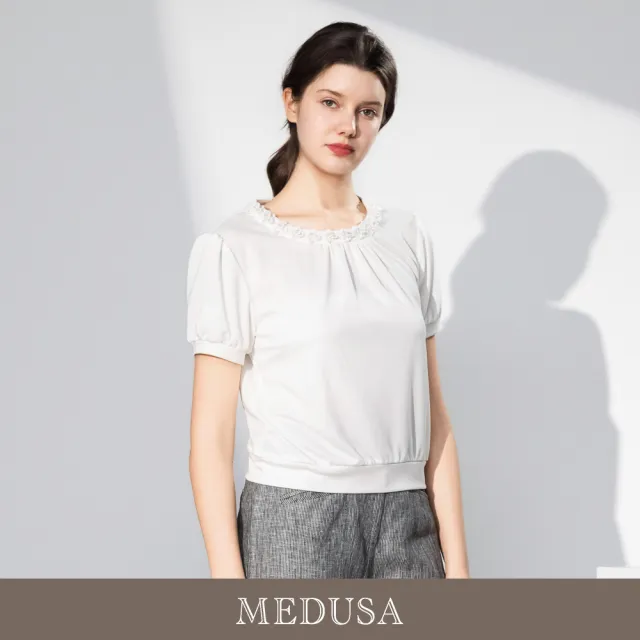 【MEDUSA 曼度莎】現貨-法式純白立體花邊圓領褶皺上衣（M-XL）｜法式上衣 甜美穿搭 短袖上衣