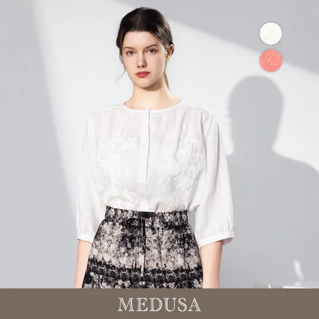 【MEDUSA 曼度莎】現貨-文藝壓花刺繡純亞麻上衣 - 2色（M-XL）｜亞麻上衣 刺繡上衣 透氣涼感