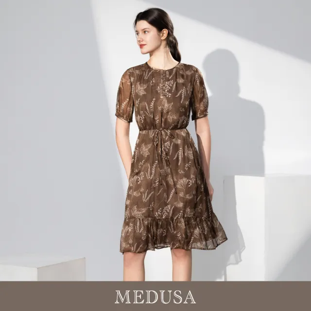 【MEDUSA 曼度莎】現貨-輕熟優雅棕色綁帶碎花真絲洋裝（M-XL）｜真絲洋裝 碎花洋裝 約會穿搭