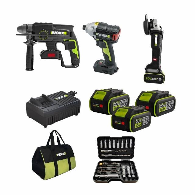【WORX 威克士】20V 超CP值輕裝三機組 電錘+起子機+砂輪機(WU652)