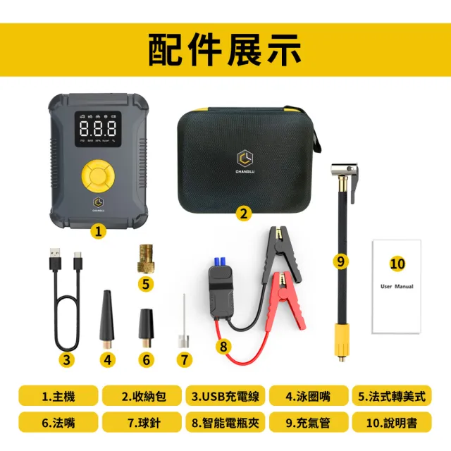 【CHANGLU 長律】4合1汽車急救啟動電源打氣機-高配版(CL-AC002JP)
