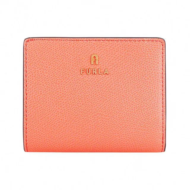 【FURLA 芙拉】FURLA精品粒面小牛皮金屬LOGO二折短夾(橘x淡藍)