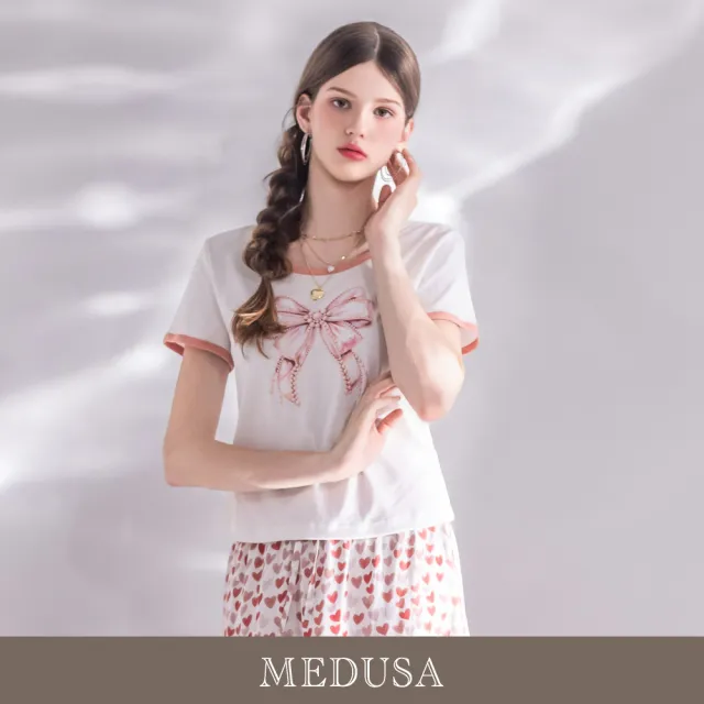 【MEDUSA 曼度莎】現貨-甜美少女蝴蝶結滾邊短袖T恤(M-XL)|短袖T恤 女上衣 甜美穿搭