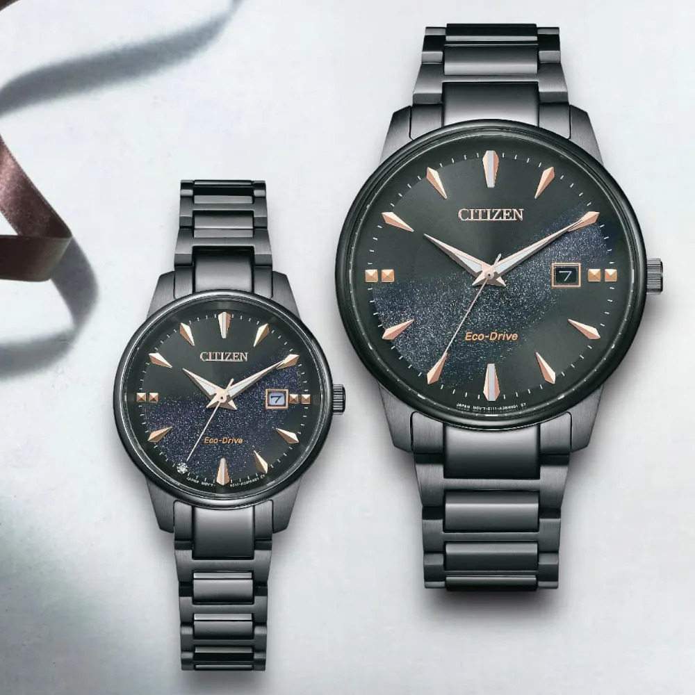 【CITIZEN 星辰】PAIR系列 亞洲限定 光動能銀河黑情侶對錶 附贈專屬錶盒(BM7595-89E+EW2595-81E)