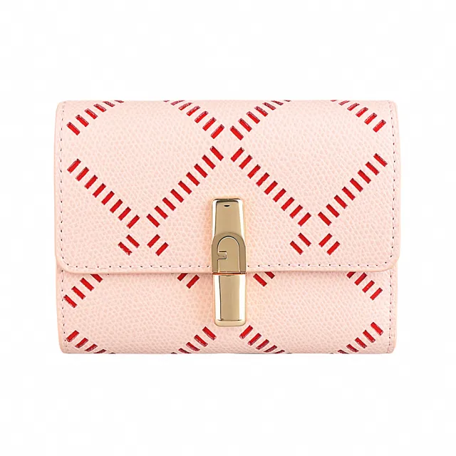 【FURLA 芙拉】FURLA精品小牛皮菱格鏤空三折中夾(粉x紅)