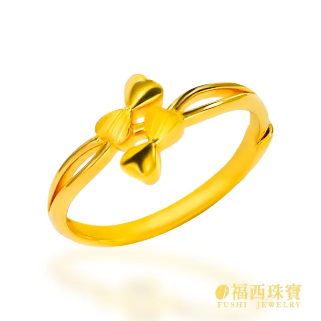 【福西珠寶】黃金戒指 雙倍甜心蝴蝶結女戒 雙蝴蝶結交疊設計 亮面×髮絲紋工藝(金重0.67錢正負0.03錢)
