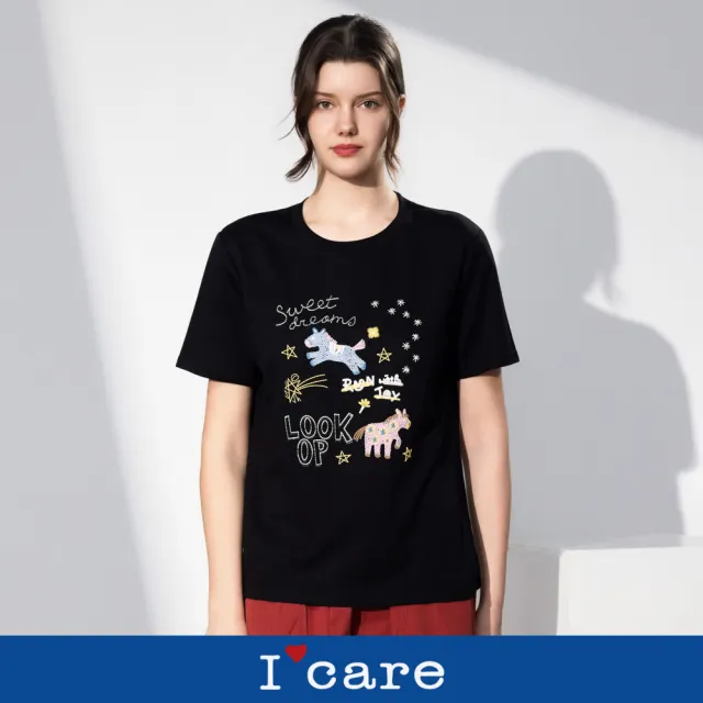 【I’Care 依卡】現貨-輕鬆小馬插畫印花T恤 - 2色（F）｜短袖T恤 休閒上衣 休閒T恤