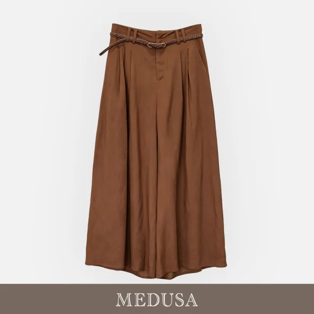 【MEDUSA 曼度莎】現貨-氛圍褐棕亞麻壓褶寬褲 - 送編織皮帶（M-L）｜亞麻寬褲 度假穿搭