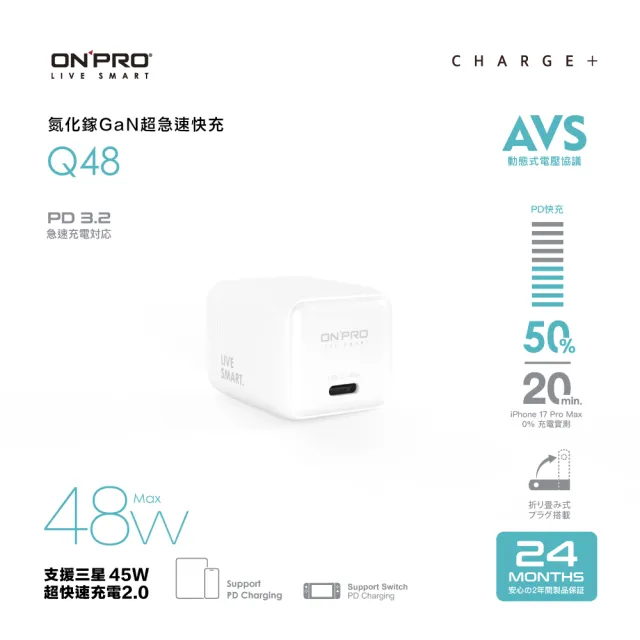 【ONPRO】Q48 AVS 氮化鎵GaN 48W 迷你Type-C PD快充充電器(Q48)