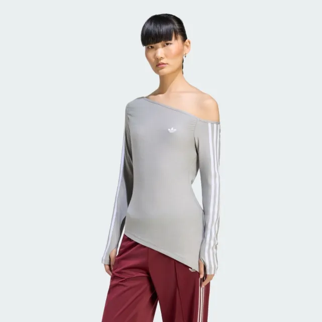 【adidas 愛迪達】長袖上衣 女 斜肩 緊身版型 三葉草 亞規 ASYMETRIC TOP 灰 LE8311