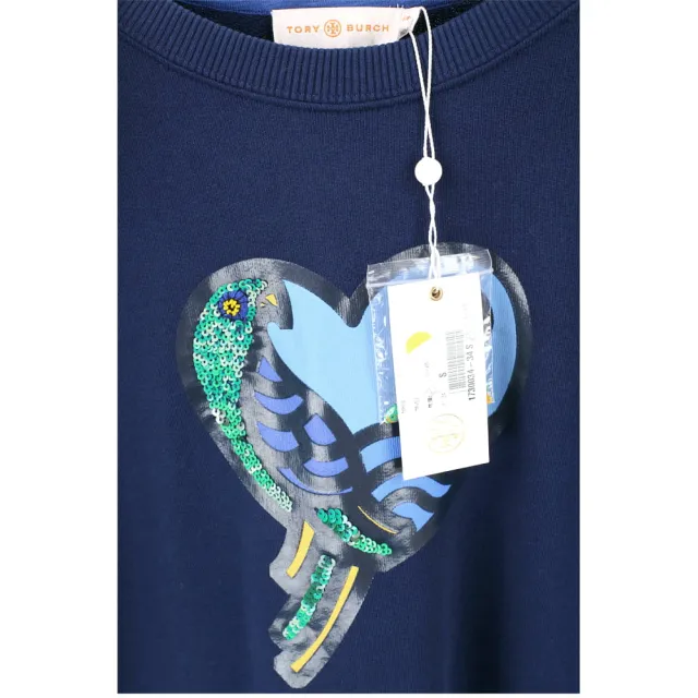 【TORY BURCH】NOAH 深藍亮片點綴鸚鵡圖騰棉質T恤(長袖 上衣 TB)