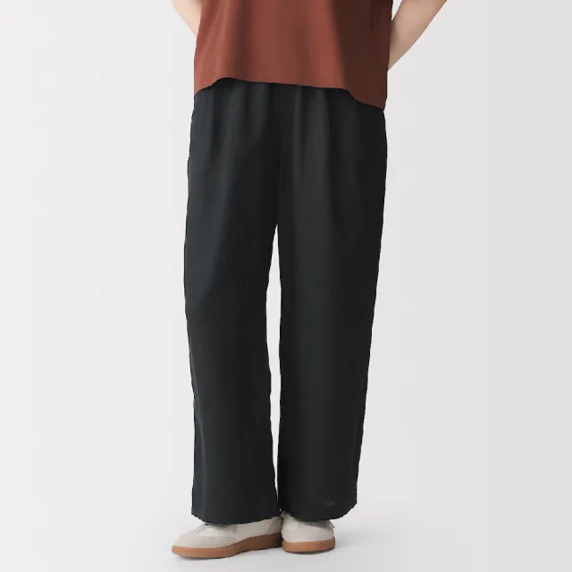 【MUJI 無印良品】女亞麻水洗舒適寬版褲(墨灰/黑色/原色/芥黃)