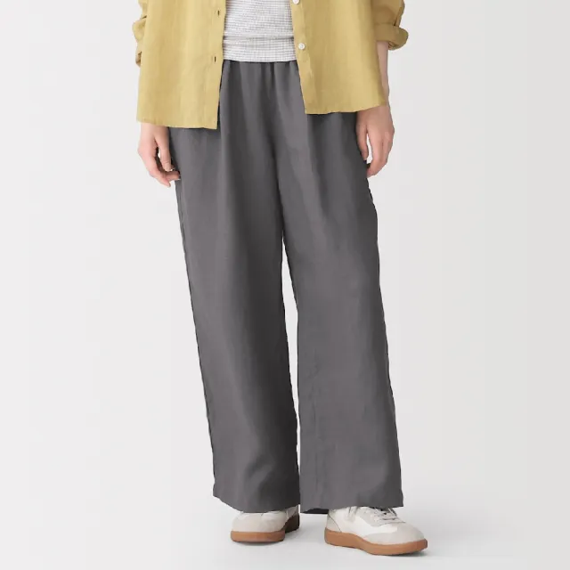 【MUJI 無印良品】女亞麻水洗舒適寬版褲(墨灰/黑色/原色/芥黃)