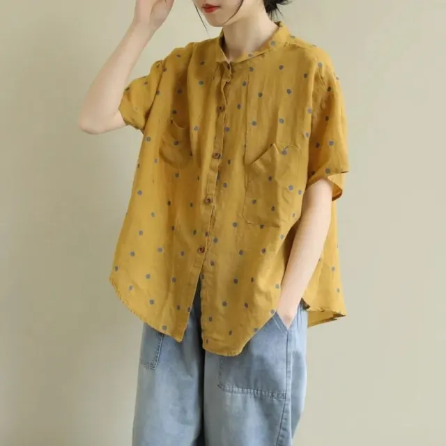 【AKARA】棉麻舒適穿點點圓領排扣短袖襯衫上衣 中大尺碼 M-3XL