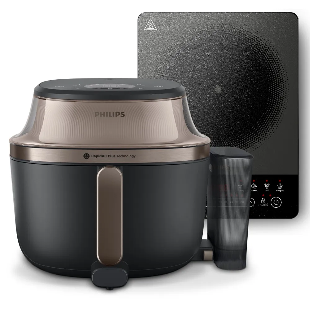 【Philips 飛利浦】抽UX20戰鬥陀螺_星視界Plus透視蒸氣海星氣炸鍋7.2L+電磁爐_NA547/07+HD5850/90
