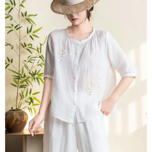 【AKARA】棉麻工藝刺繡七分袖襯衫上衣 中大尺碼 M-3XL