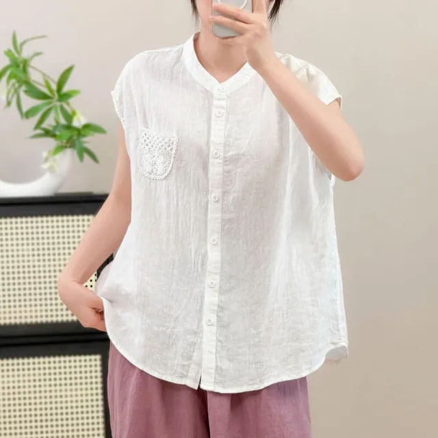 【AKARA】棉麻涼感排扣圓領短袖襯衫上衣 中大尺碼 M-3XL