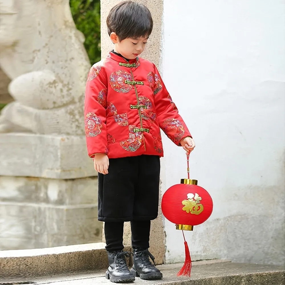 【橘魔法】彩雲福字刺繡棉襖+假2件內搭褲(套裝 長袖上衣 褲子 拜年服 大紅 過年 喜宴 新年 唐裝 中國風)