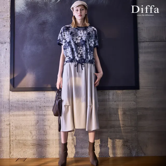 【Diffa】六片剪裁車褶鬆緊腰長寬裙-女