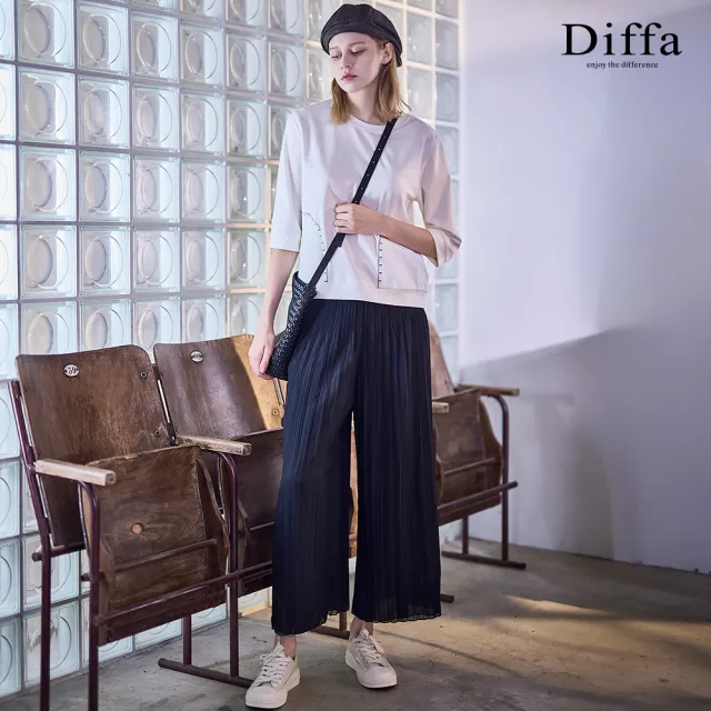 【Diffa】異素材拼接口袋七分袖針織衫-女