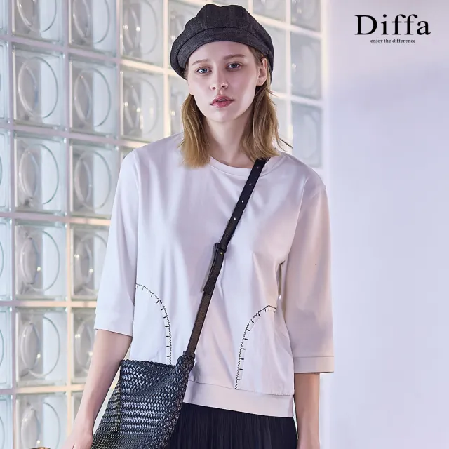 【Diffa】異素材拼接口袋七分袖針織衫-女