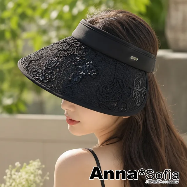 【AnnaSofia】遮陽帽防曬帽淑女帽鴨舌帽空頂帽-玫瑰繡網亮片可捲型 現貨(魅黑系)