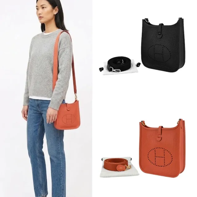 【Hermes 愛馬仕】Evelyne 16cm H LOGO牛皮布款背帶斜/肩背包(多色選)