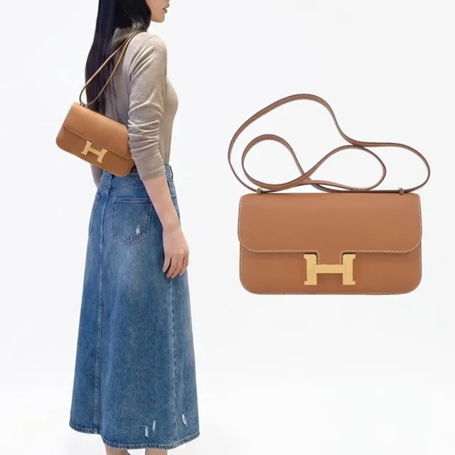 【Hermes 愛馬仕】Constance Elan Epsom 牛皮附鏡斜背包(37駝金/W刻/金釦)