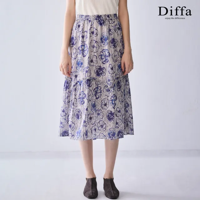 【Diffa】藍花鬆緊腰長寬裙-女