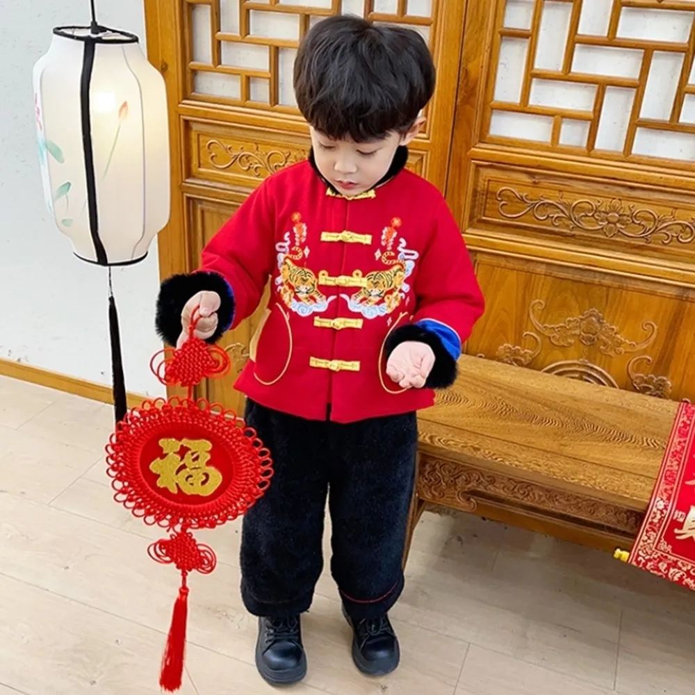 【橘魔法】雙老虎刺繡棉襖+九分褲(套裝 長袖上衣 褲子 拜年服 大紅 過年 新年 唐裝 中國風 保暖 男童)