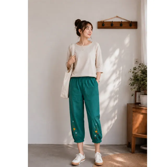 【buyer 白鵝】森林花樣刺繡蕾絲七分褲 綠