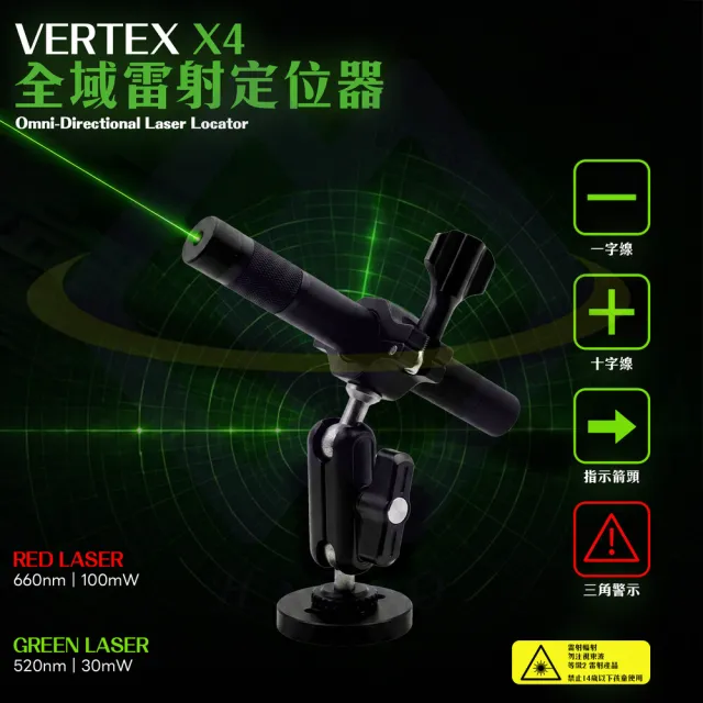 【禾統】X4 全域雷射定位器 660nm 100mW 原生紅光雷射(全域雷射定位器 一字線/十字線/指示箭頭/警示符號)