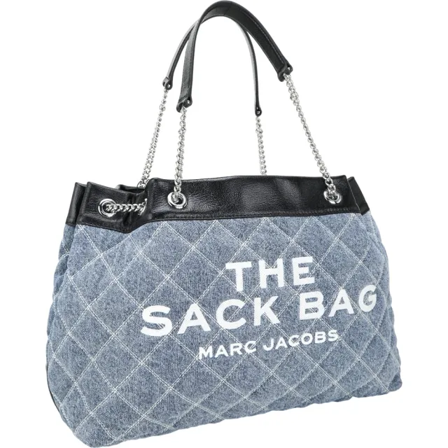 【MARC JACOBS】Denim 字母刺繡菱格縫線拼皮革雙鍊帶手提 肩背帆布托特包(牛仔藍 兩用包 MJ)