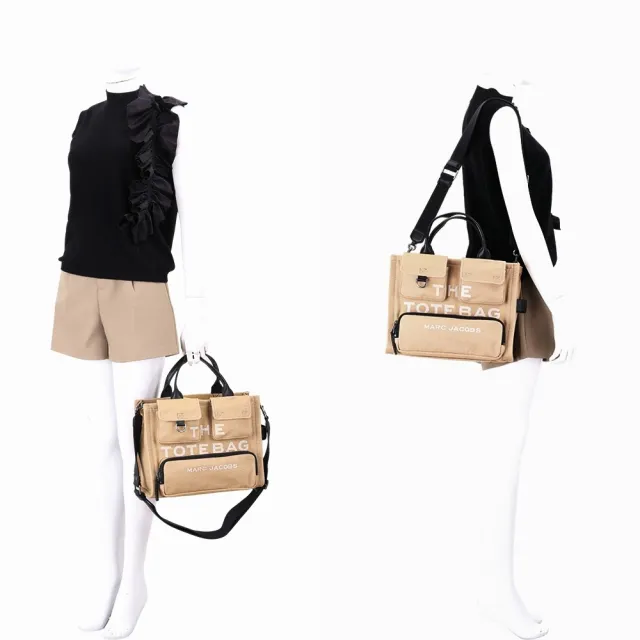【MARC JACOBS】The Cargo Canvas 中款 字母刺繡帆布工裝托特包(卡其色 肩背 手提 MJ)