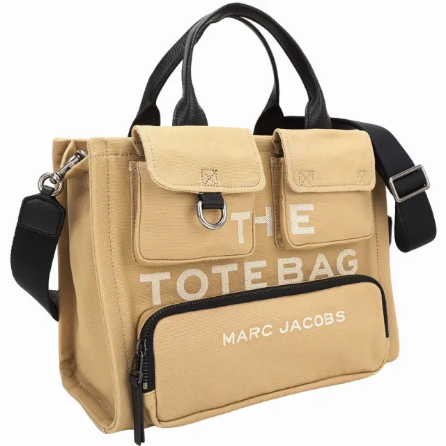 【MARC JACOBS】The Cargo Canvas 中款 字母刺繡帆布工裝托特包(卡其色 肩背 手提 MJ)