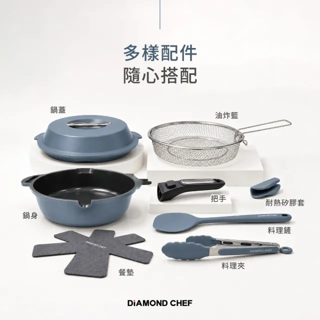 【DIAMOND CHEF】10合1萬用不沾鍋28cm-午夜藍(IH爐可用/深平底鍋/深煎炒鍋/附鍋鏟/料理夾/油炸籃)