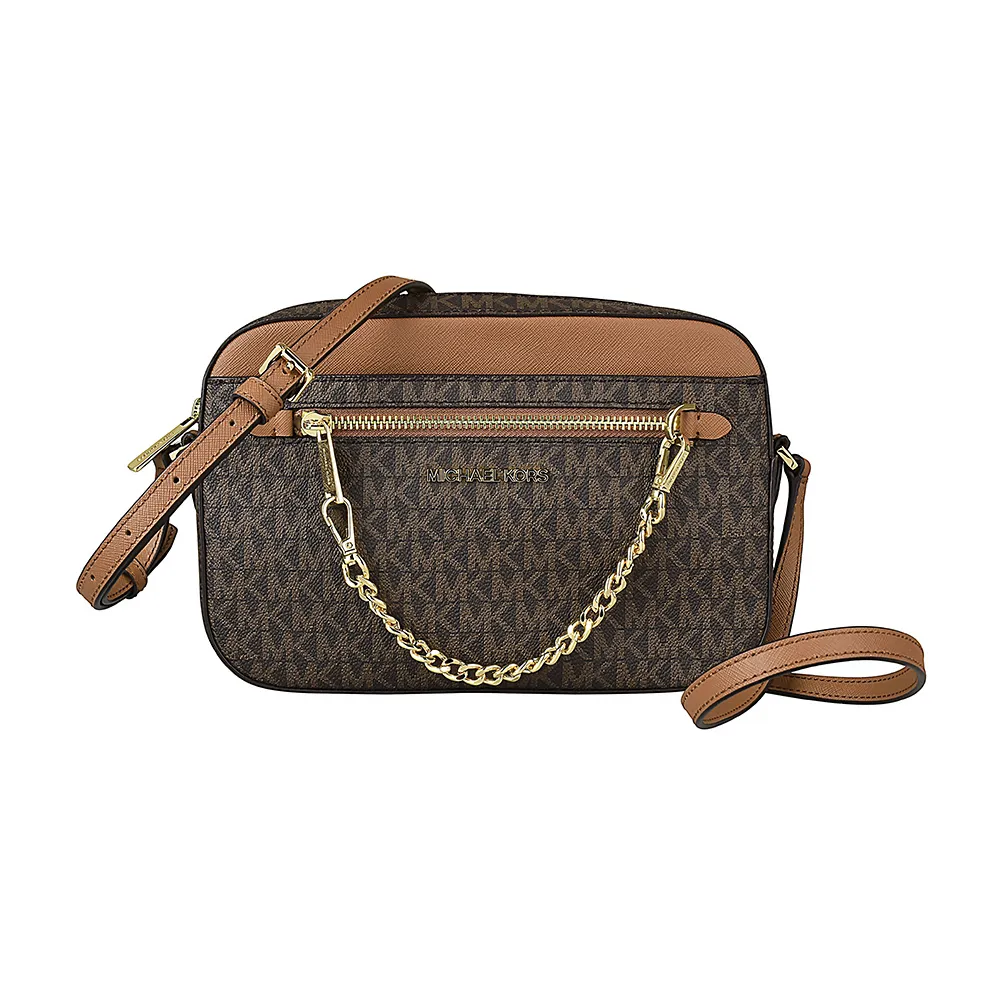 【Michael Kors】MK MICHAEL KORS JET SET EW金字LOGO拉鍊鍊帶造型設計PVC斜背相機包(大/橡子棕x棕)