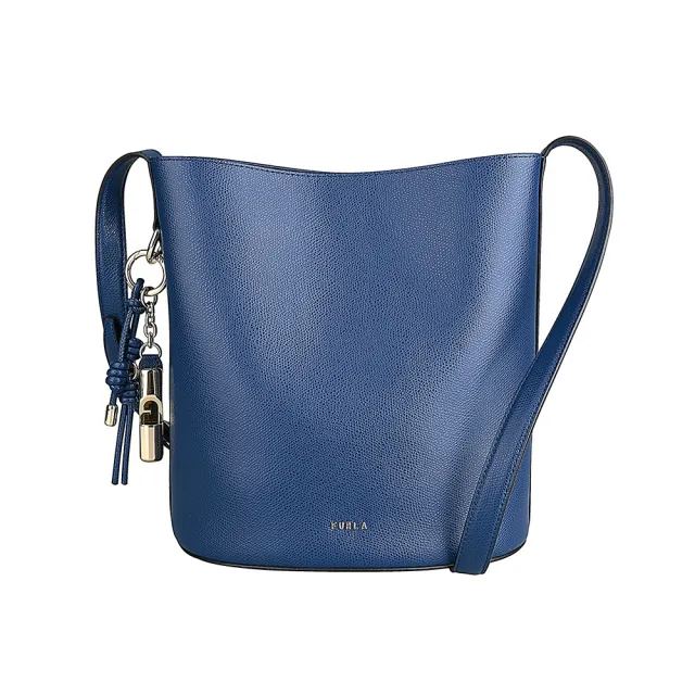 【FURLA 芙拉】FURLA 金字LOGO Roxie系列小牛皮磁釦式斜背/肩背水桶包(小/靛藍)