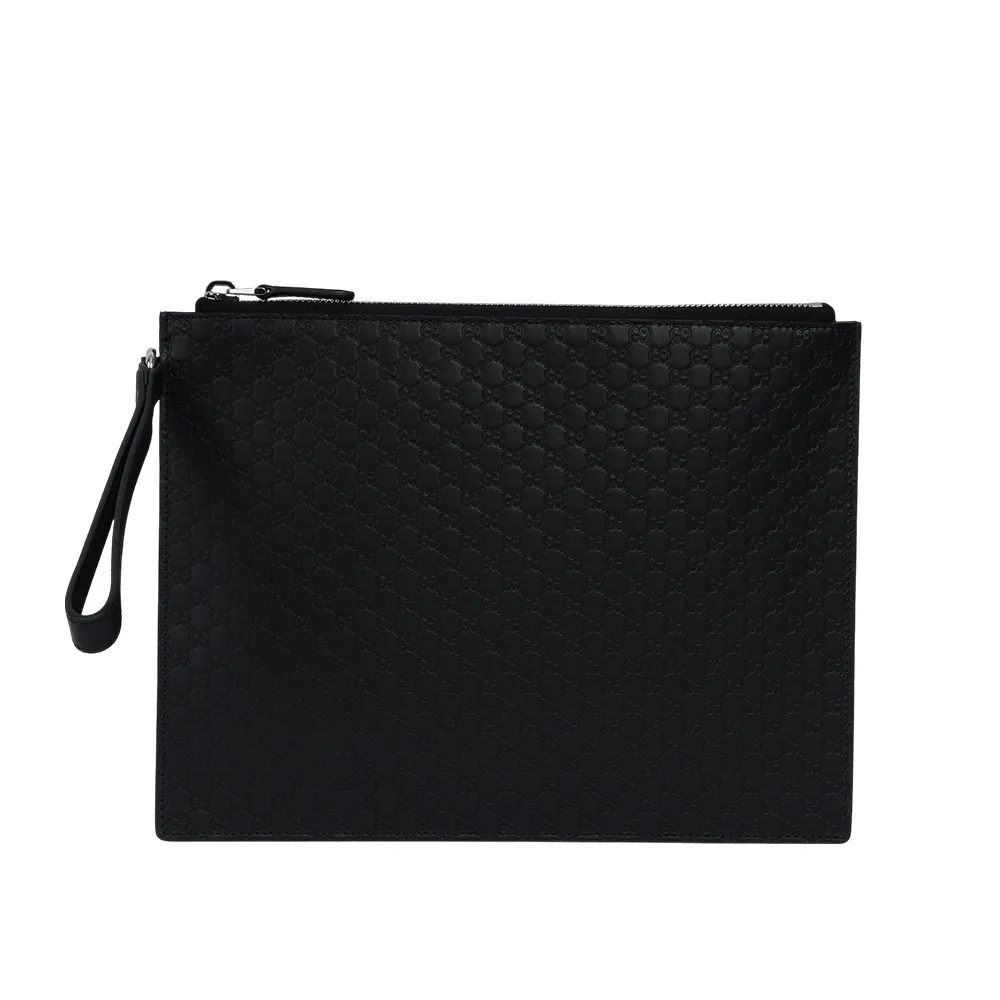 【GUCCI 古馳】Guccissima GG Logo 壓紋皮革附提把手拿包(黑色)