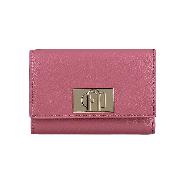 【FURLA 芙拉】FURLA 金字LOGO 1927 M系列牛皮8卡拱門旋扣三折短夾(莓粉)