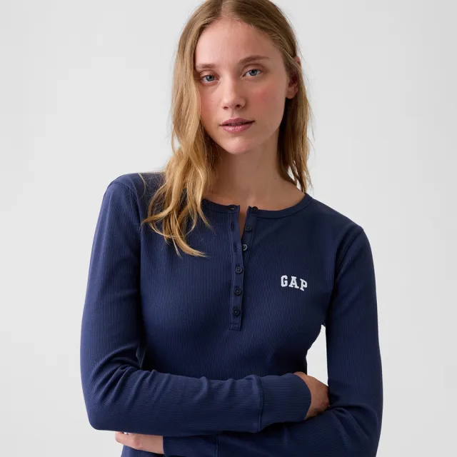 【GAP】羅紋Gap Logo排扣領T恤-復古深藍(915060)