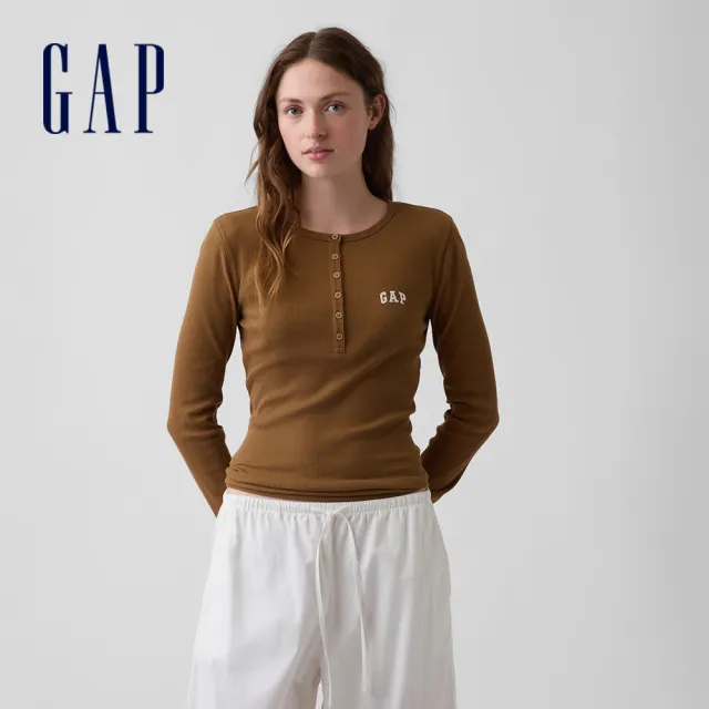 【GAP】羅紋Gap Logo排扣領T恤-焦糖棕(915060)