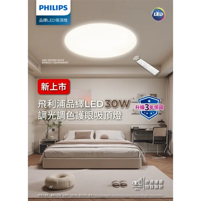 【Philips 飛利浦】品繹 30W 2-4坪 調光調色 遙控吸頂燈 -璀璨版(燈飾照明 房間燈 燈具 客廳燈)